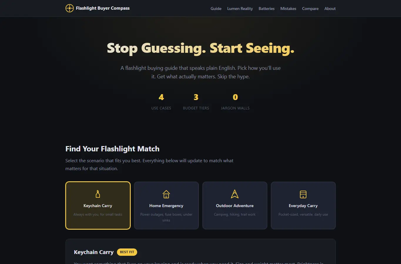 Screenshot of First Flashlight Buyer Compass interface showing the project page in use